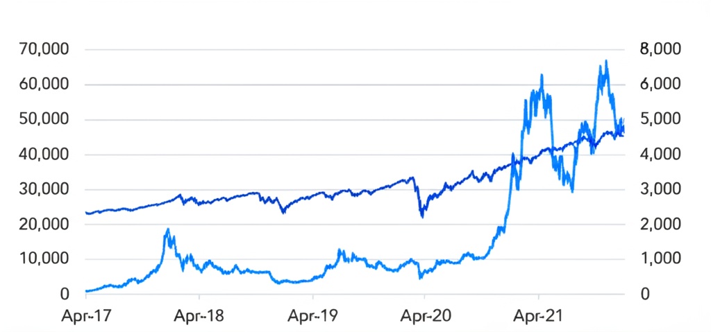 Bitcoin vs. stocks - BTC price and S&P 500 index (2017-21)